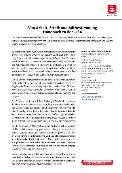 Carsten Hübner: Handbuch für die transatlantische Gewerkschaftsarbeit | Von Arbeit, Streik und Mitbestimmung Handbuch zu den USA