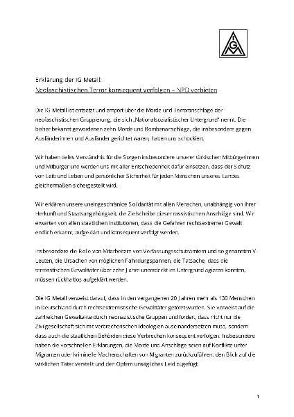 Erklärung der IG Metall: Neofaschistischen Terror konsequent verfolgen - NPD verbieten