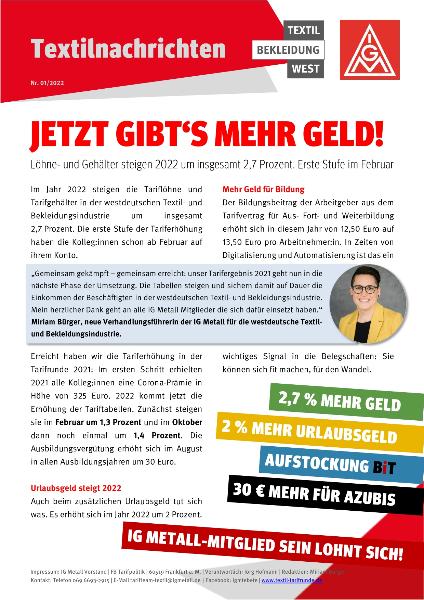 Jetzt gibt's mehr Geld!, Textilnachrichten Textil Bekleidung West Nr. 01/2022