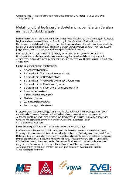 Gemeinsame Presseinformation Metall- und Elektro-Industrie startet mit modernisierten Berufen ins neue Ausbildungsjahr