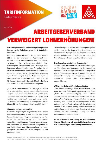 Arbeitgeberverband verweigert Lohnerhöhungen!, Tarifinformation Textile Dienste 08/2020