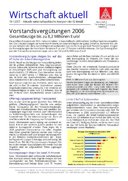 Wirtschaft aktuell 19/2007: Vorstandsvergütungen 2006 - Gesamtbezüge bis zu 8,2 Millionen Euro!