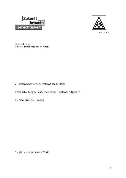 Huber, Berthold: Verabschiedung der ausscheidenden Vorstandsmitglieder, Leipzig, 06.11.2007