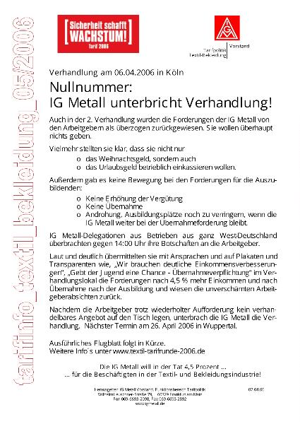 tarifinfo_textil_bekleidung_05/2006 - Nullnummer: IG Metall unterbricht Verhandlung!