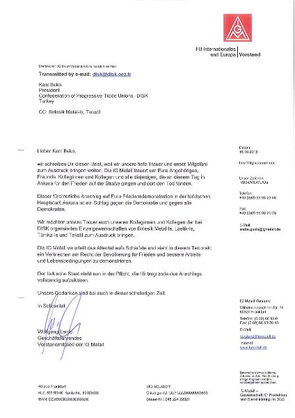 Kondolenzschreiben der IG Metall an Kani Beko, Präsident der türkischen Gewerkschaftskonföderation DISK, anläßlich des Bombenanschlags am 10. Oktober 2015 in Ankara