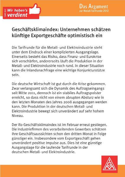 9. März 2012 | Geschäftsklimaindex: Unternehmen schätzen künftige Exportgeschäfte optimistisch ein