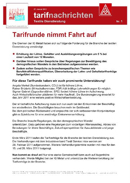 Tarifrunde nimmt Fahrt auf. Tarifnachrichten Textile Dienstleistung 1/2011