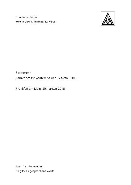 Christiane Benner: Statement Jahrespressekonferenz, 20.1.2016