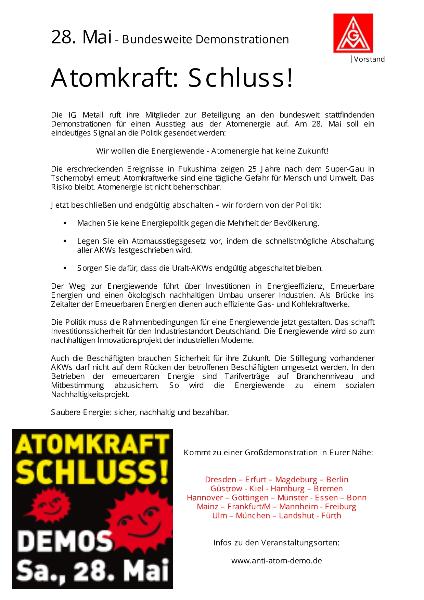 Atomkraft: Schluss! Aufruf zu den bundesweiten Anti-Atomdemonstrationen am 28. Mai 2011