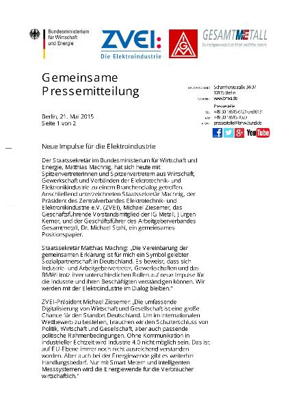 Neue Impulse für die Elektroindustrie Gemeinsame Pressemitteilung BMWI ZVEI Gesamtmetall IGM
