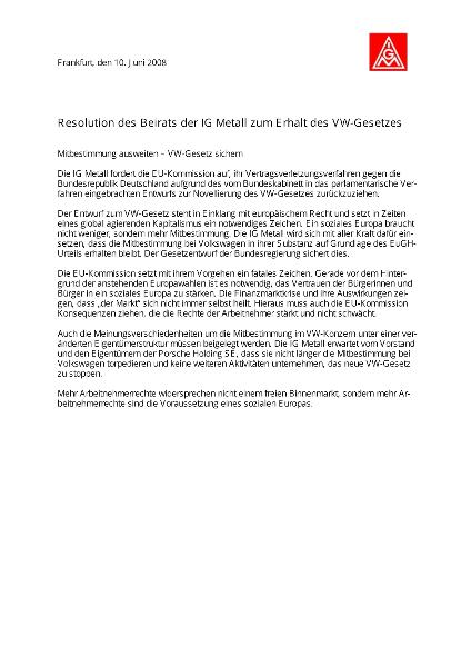 Resolution des Beirats der IG Metall zum Erhalt des VW-Gesetzes, 10.06.2008