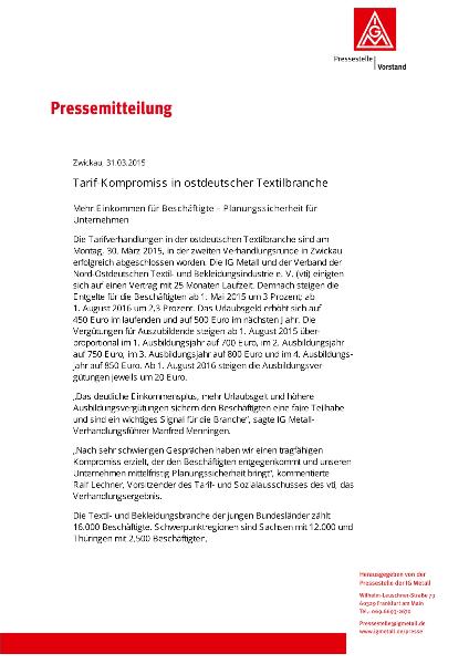 Pressemitteilung Tarif-Kompromiss in ostdeutscher Textilbranche