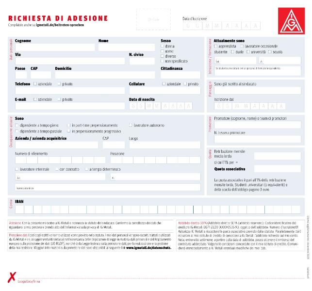 Editierbare IG Metall-Beitrittserklärung in italienischer Sprache