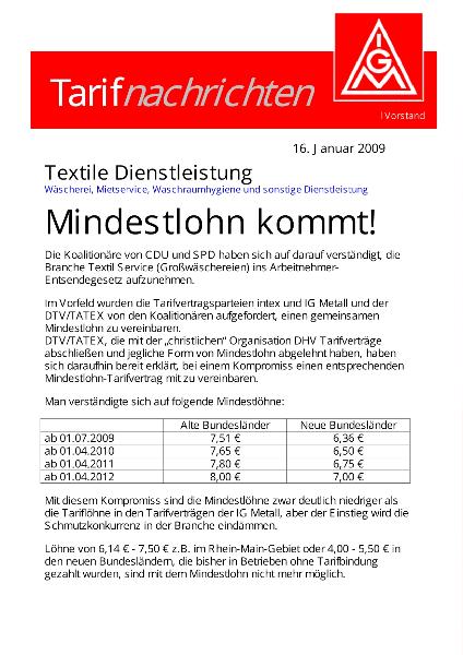 Tarifnachrichten Textile Dienstleistung: Mindestlohn kommt!