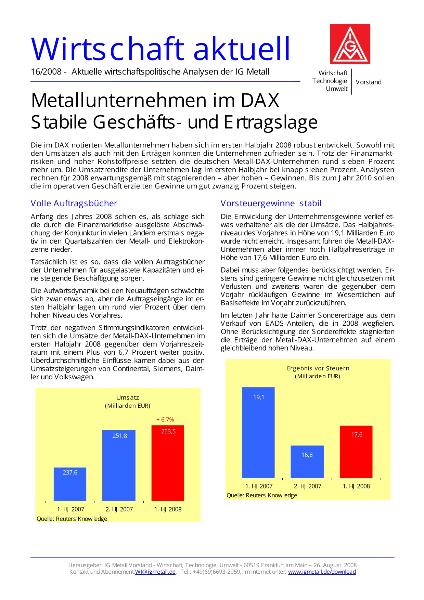 Wirtschaft aktuell 16/2008: Metallunternehmen im DAX - Stabile Geschäfts- und Ertragslage
