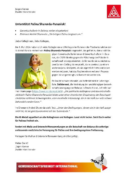 Unterstützt Palina Sharenda-Panasiuk! Aufruf von Jürgen Kerner