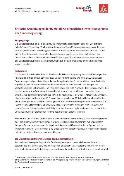 Kritische Anmerkungen der IG Metall zur steuerlichen Investitionsprämie der Bundesregierung