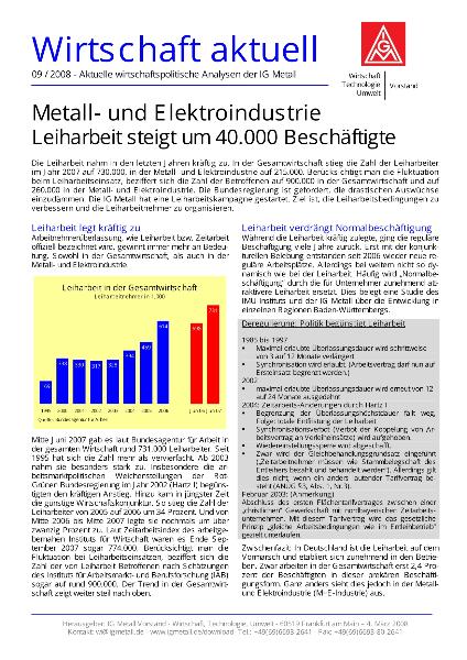 Wirtschaft aktuell 09/2008: Metall- und Elektroindustrie - Leiharbeit steigt um 40.000 Beschäftigte