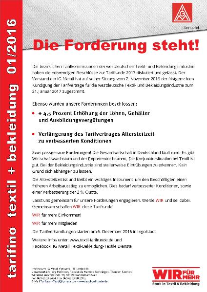 Die Forderung steht! Tarifinfo Textil + Bekleidung 01/2016