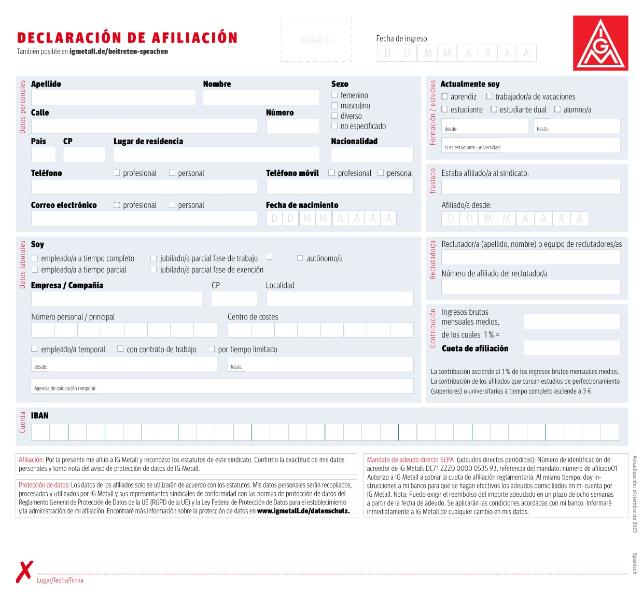 Editierbare IG Metall-Beitrittserklärung in spanischer Sprache