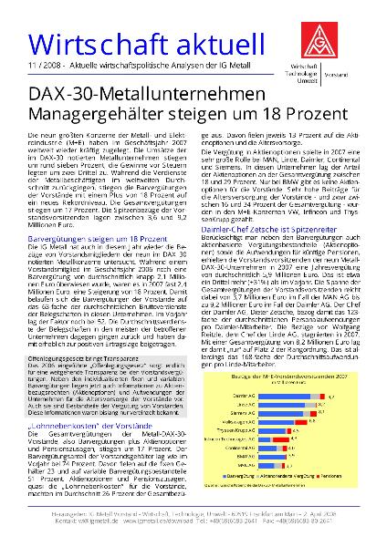 Wirtschaft aktuell 11/2008: DAX-30-Metallunternehmen - Managergehälter steigen um 18 Prozent