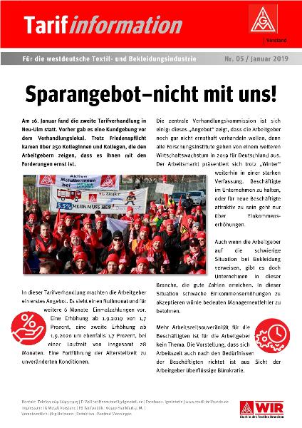 Sparangebot - nicht mit uns!, Tarifinformation für die westdeutsche Textil- und Bekleidungsindustrie Nr. 5 / Januar 2019