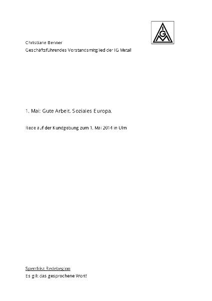 Christiane Benner: Gute Arbeit. Soziales Europa, Rede auf der Kundgebung zum 1. Mai 2014 in Ulm