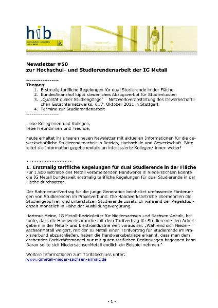 Newsletter Nr. 50 zur Hochschul- und Studierendenarbeit der IG Metall