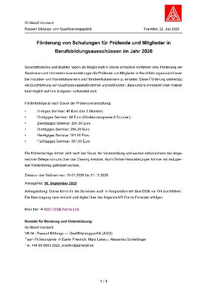 Förderung von Veranstaltungen für Prüfende und Mitglieder in  Berufsbildungsausschüssen im Jahr 2026