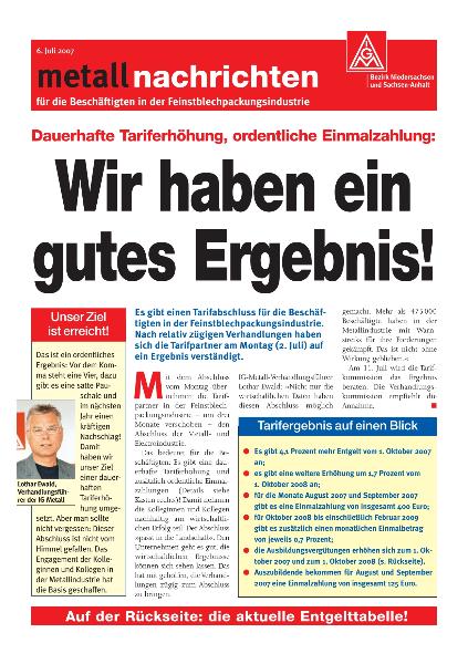 metallnachrichten Bezirk Niedersachsen Tarifabschluss Feinstblechpackungsindustrie
