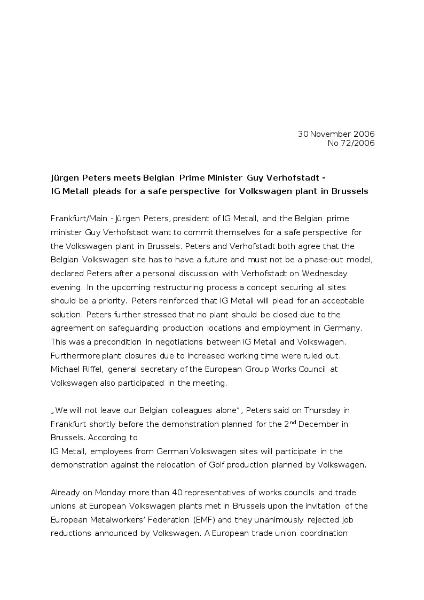 Pressemitteilung zu VW, 30.11.2006, englisch: Jürgen Peters trifft belgischen Ministerpräsidenten Guy Verhofstadt