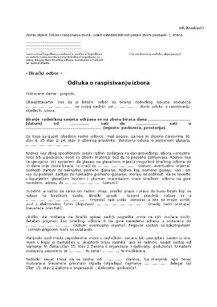 Uzorak objave: Odluka o raspisivanju izbora – pojednostavljeni jednostupanjski izborni postupak, Wahlausschreiben zur vereinfachten einstufigen Betriebsratswahl, kroatisch