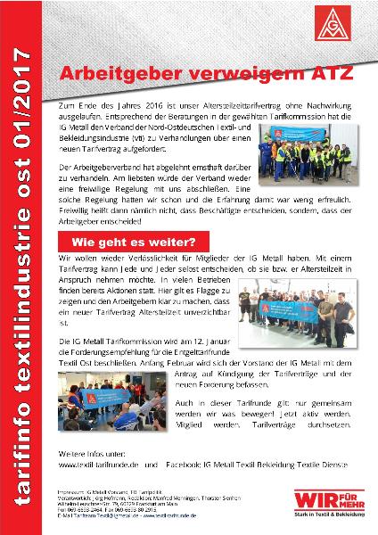 Arbeitgeber verweigern ATZ, Tarifinfo Textilindustrie Ost 01/2017