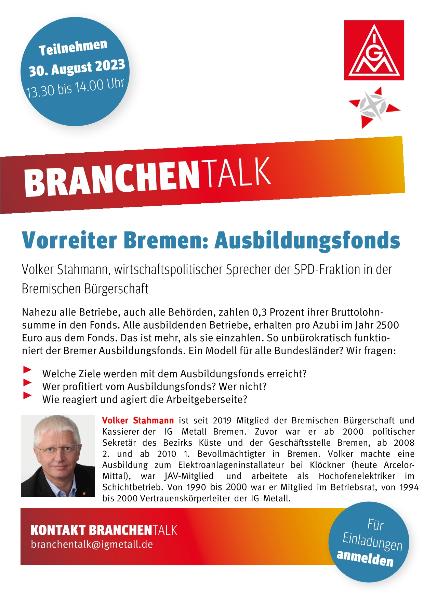 BranchenTalk mit Volker Stahmann - Vorreiter Bremen: Ausbildungsfonds am 30.08.2023