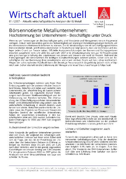 Wirtschaft aktuell 01/2007: Börsennotierte Metallunternehmen: Hochstimmung bei Unternehmern - Beschäftigte unter Druck