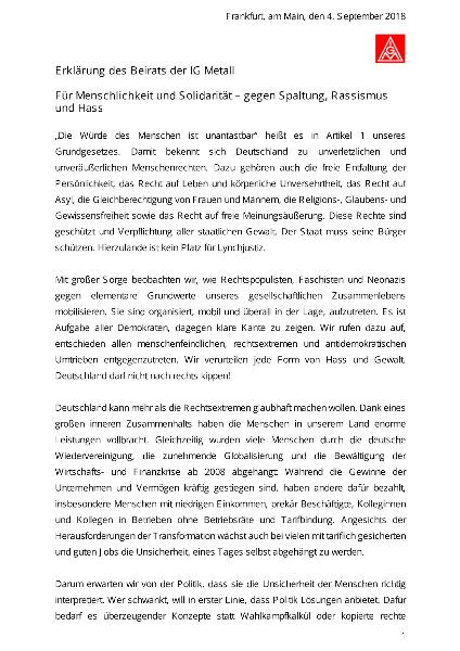 Für Menschlichkeit und Solidarität – gegen Spaltung, Rassismus und Hass, Erklärung des Beirats der IG Metall, Frankfurt, 4. September 2018