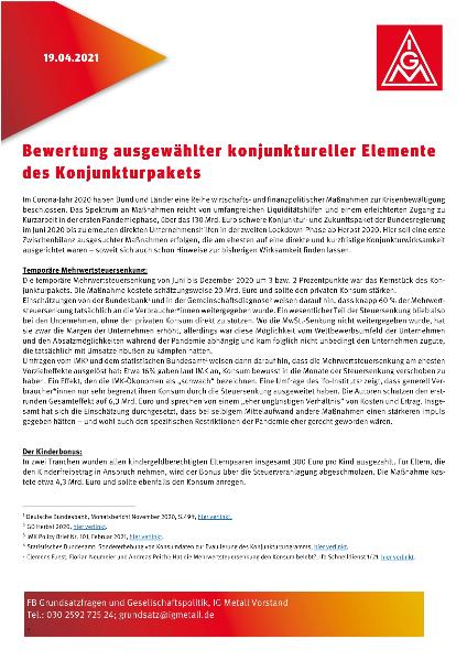 Bewertung ausgewählter konjunktureller Elemente des Konjunkturpakets