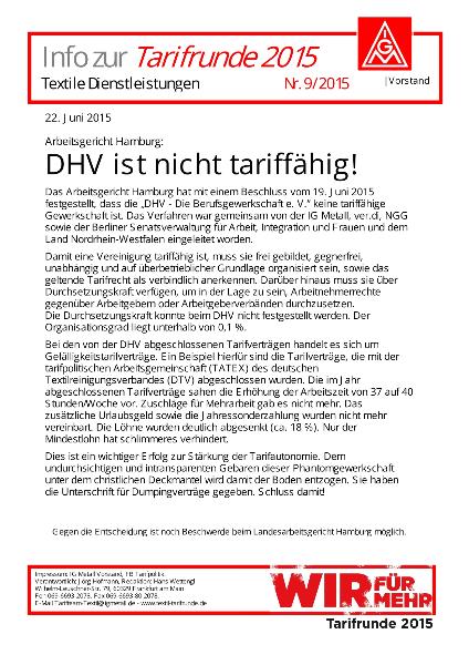 Arbeitsgericht Hamburg: DHV ist nicht tariffähig!, Info zur Tarifrunde 2015 Textile Dienstleistungen, Nr. 9/2015