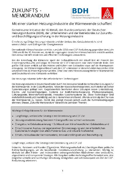 Zukunftsmemorandum IG Metall und BDH: Mit einer starken Heizungsindustrie die Wärmewende schaffen