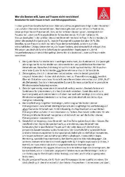 Wer die Besten will, kann auf Frauen nicht verzichten! Resolution für mehr Frauen in Fach- und Führungspositionen, Berlin