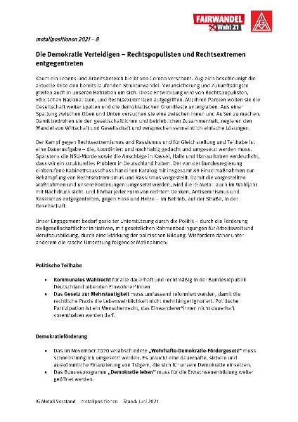metallpositionen 2021 - 8: Die Demokratie Verteidigen – Rechtspopulisten und Rechtsextremen entgegentreten