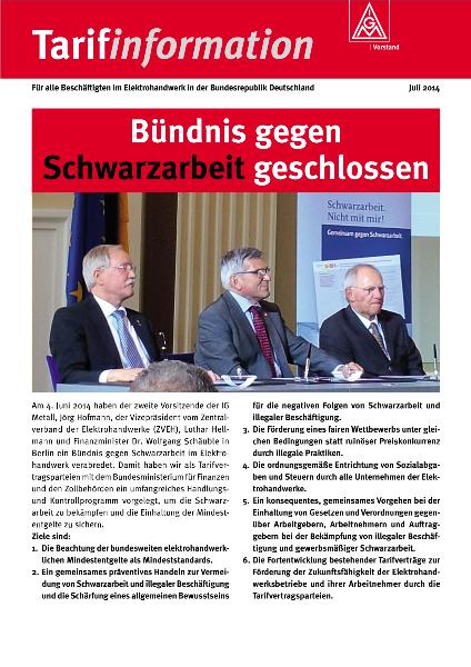 Bündnis gegen Schwarzarbeit geschlossen, Tarifinformationen für alle Beschäftigten im Elektrohandwerk in der Bundesrepublik Deutschland, Juli 2014