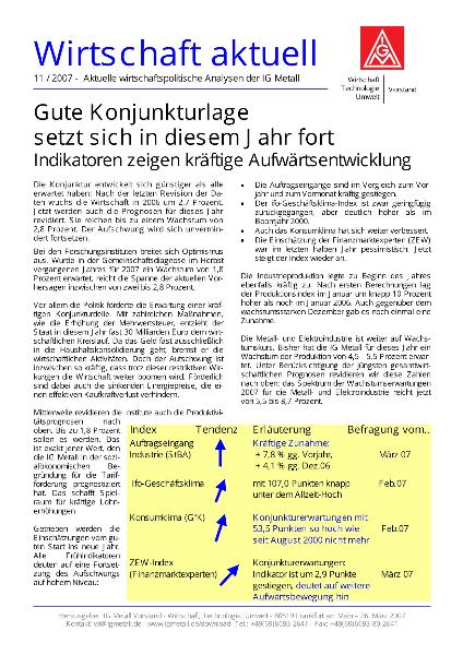Wirtschaft aktuell 11/2007: Gute Konjunkturlage setzt sich in diesem Jahr fort