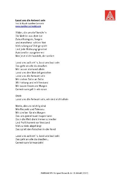 Lasst uns die Antwort sein - Text & Musik Gunther Sanwald