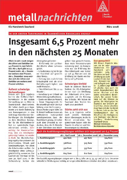 metallnachrichten, Kfz-Handwerk Saarland, März 2008: Abschluss in der ersten Tarifrunde