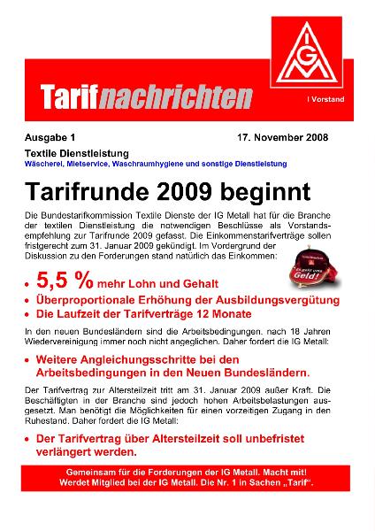 Tarifnachrichten Textile Dienste Nr. 1: Tarifrunde 2009 beginnt