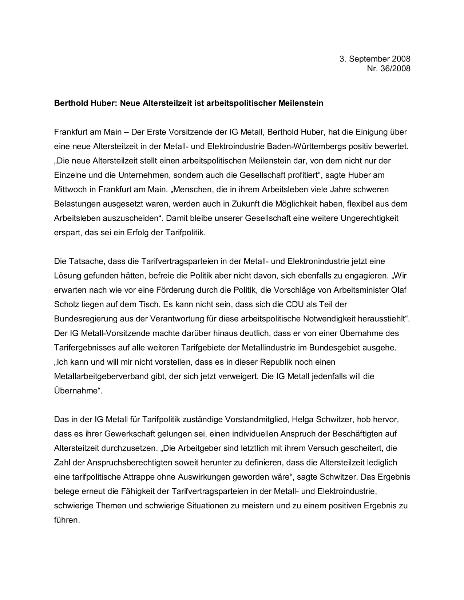 Berthold Huber: Neue Altersteilzeit ist arbeitspolitischer Meilenstein, Pressedienst