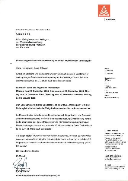 Betriebsferien Weihnachten 2008 in der Vorstandsverwaltung