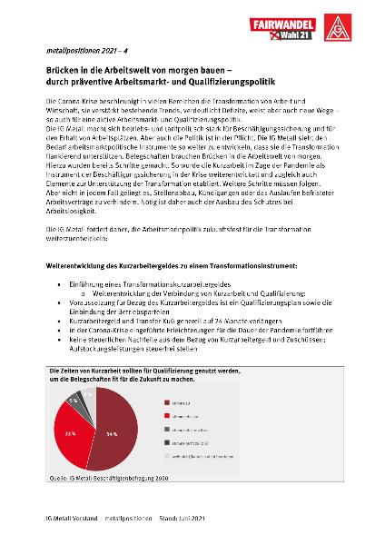 metallpositionen 2021 - 4: Brücken in die Arbeitswelt von morgen bauen – durch präventive Arbeitsmarkt- und Qualifizierungspolitik