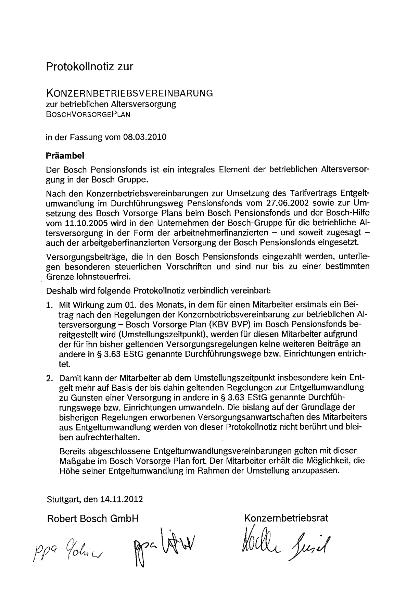 Protokollnotiz zur Konzernvereinbarung zur betrieblichen Altersversorgung (Bosch VorsorgePlan)
